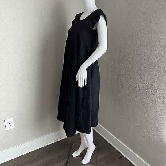 Datura Empire Waist Dress Size 1 S Black Cap Sleeve Midi 100% Cotton VBack Spain - Picture 5 of 9
